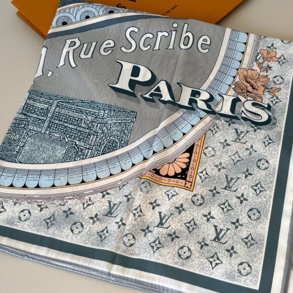 Silk Scarf – "1, Rue Scribe Paris" Print, Blue & Gray Tones - Picture 2 of 4